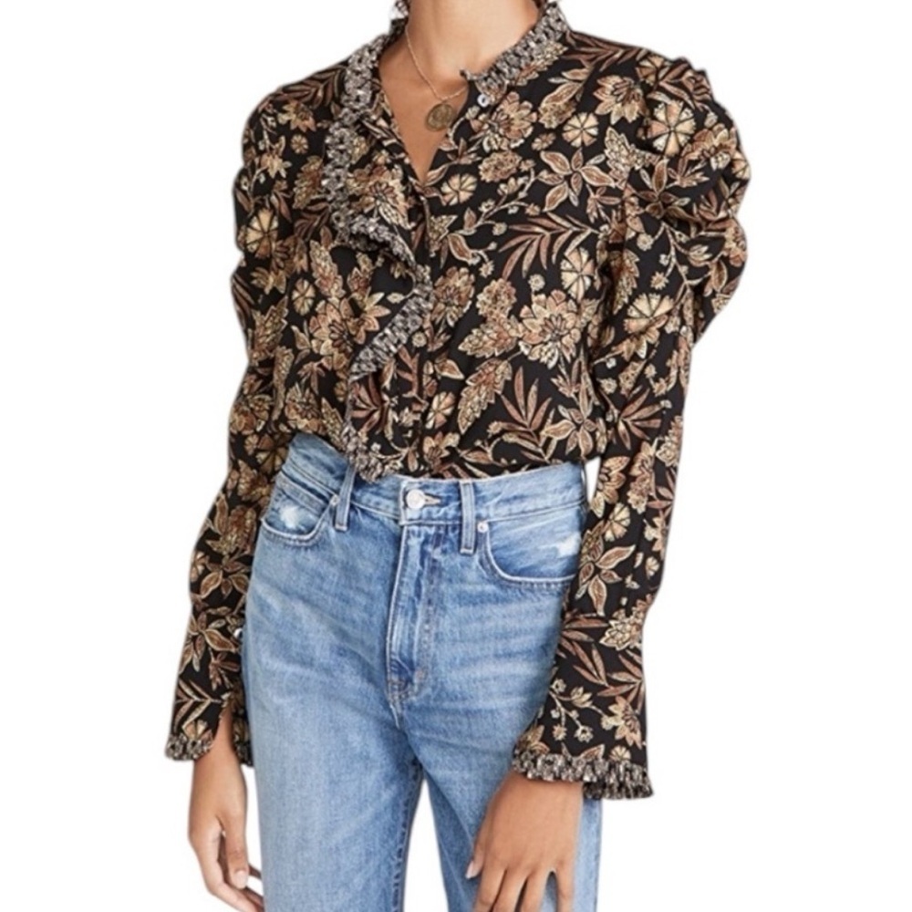 Misa Los Angeles Black Floral Ruffle-Trim Blouse